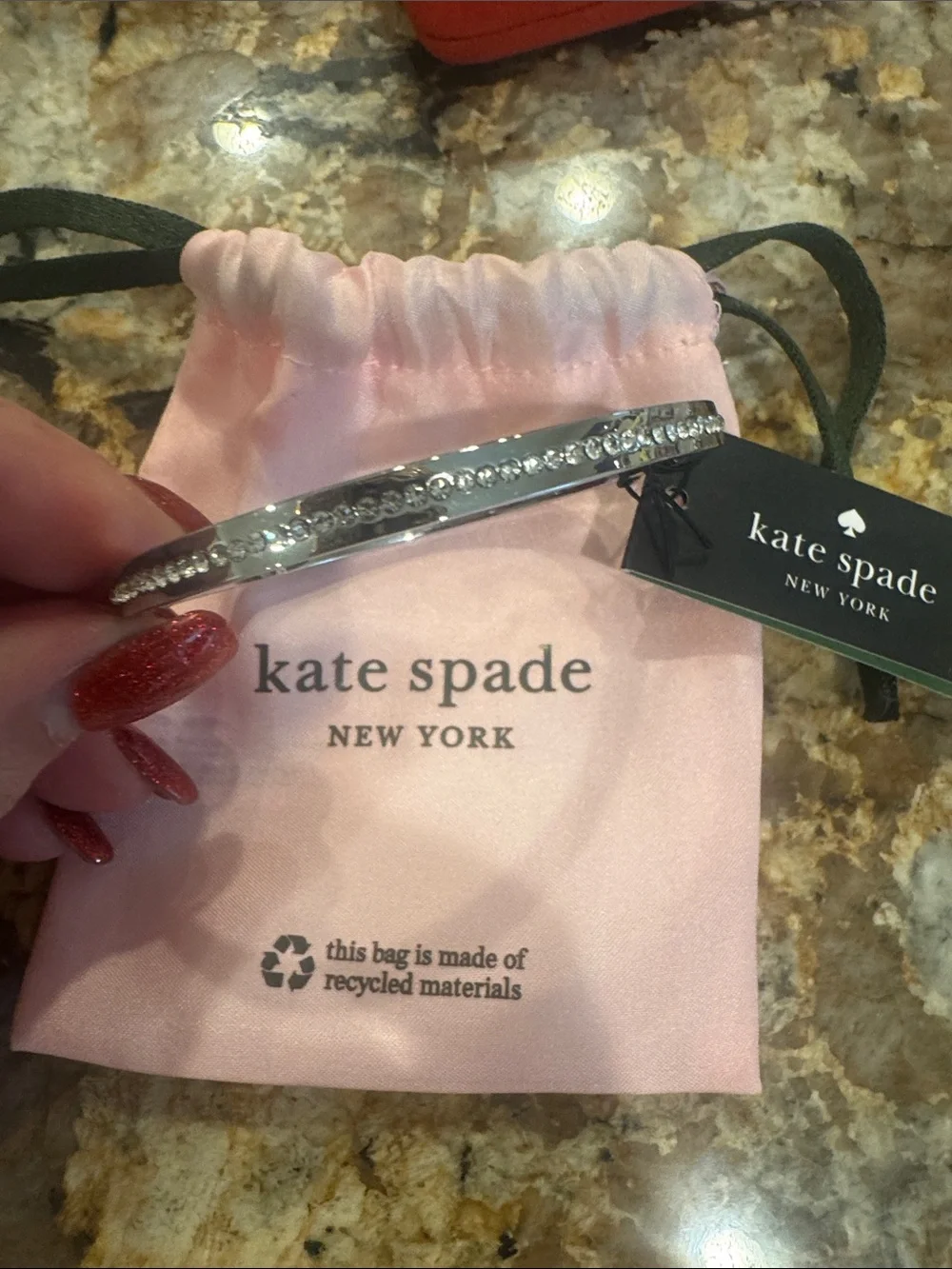 kate spade Silver Crystal-Trim Bangle Bracelet with Pink Drawstring Pouch - Picture 2 of 2